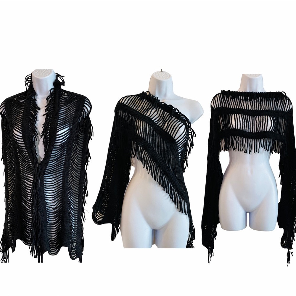 Versatile Wear Black Fringe Scarf O/S